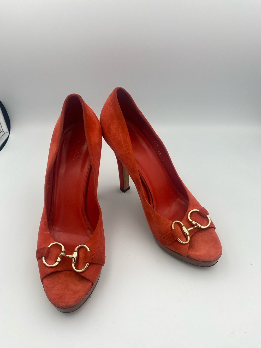 Gucci Red Suede Open-Toe Heels with Gold Horsebit